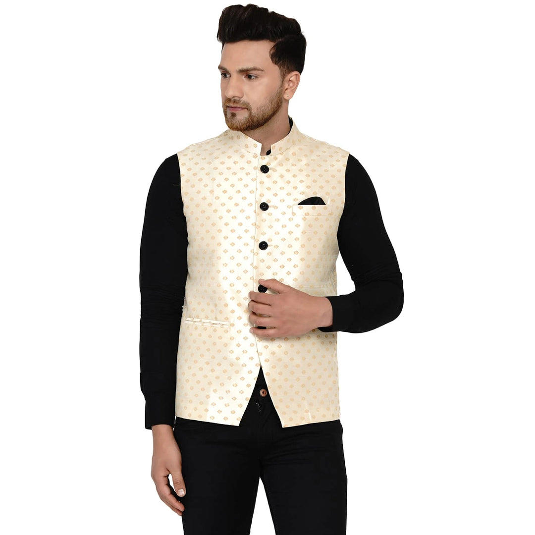 Luxe Beige Banarasi Jacket | Printed Art Silk for Modern Royals