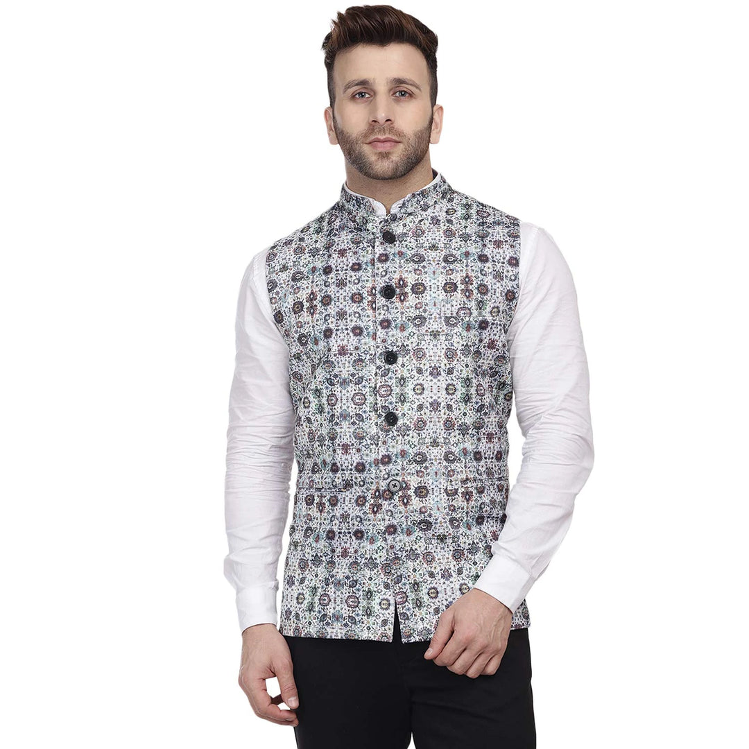 Celebration-Ready Jacket | White Cotton Nehru with Printed Edge