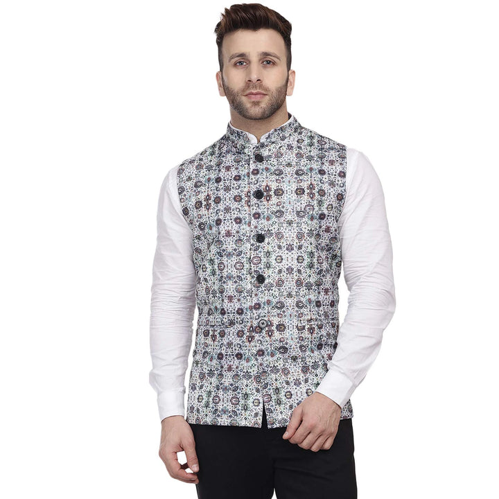 Celebration-Ready Jacket | White Cotton Nehru with Printed Edge