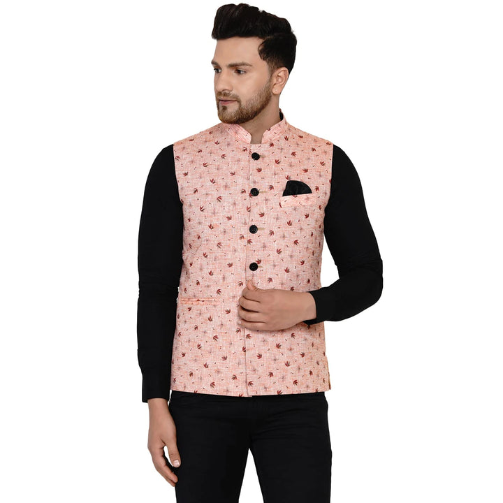 Stylish Pink Printed Nehru Jacket for Men | for Festive Wear