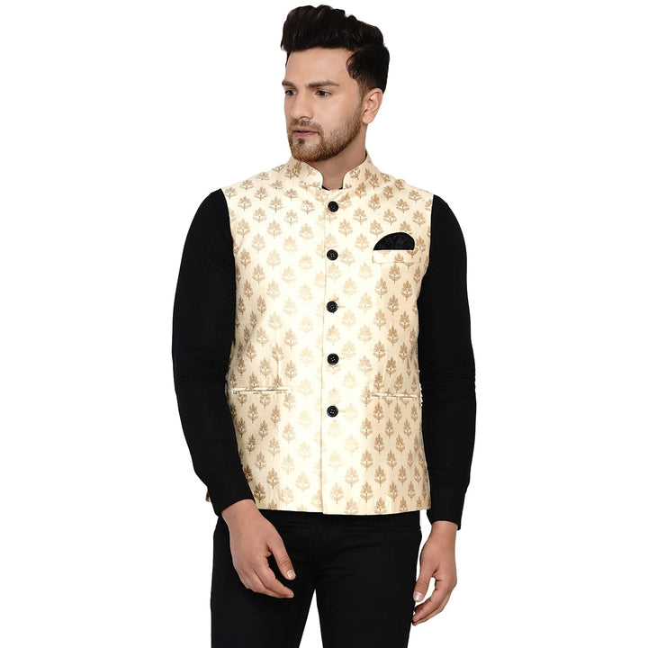 Graceful Charm in Cream Nehru Jacket | Banarasi Art Silk Edition