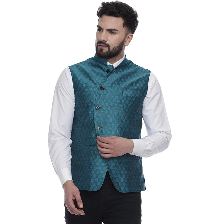 Luxury Jacquard Printed Jacket | Teal Blue Art Silk Nehru Look