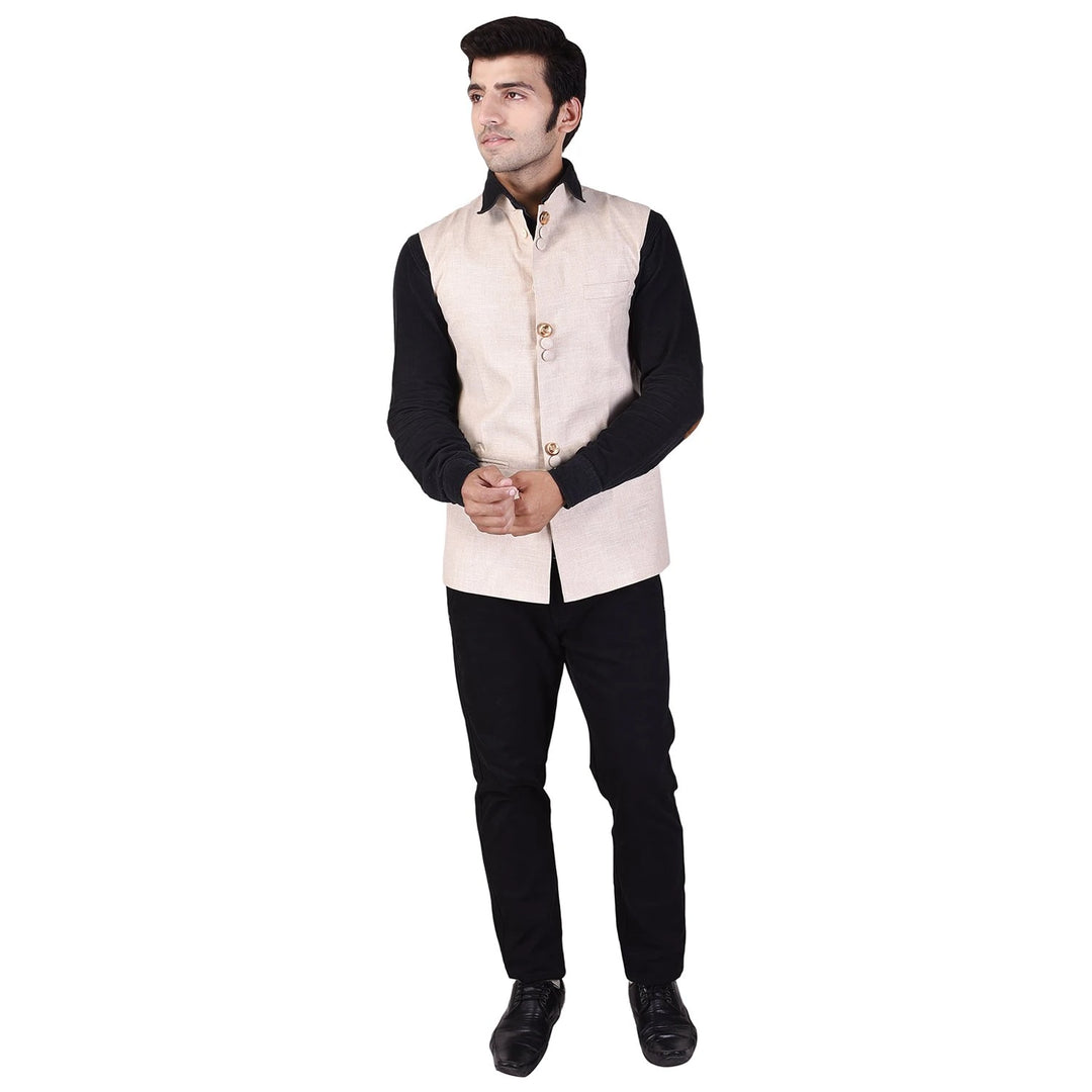 Men's Solid Beige Cotton Linen Nehru Jacket | Classic Ethnic Wear