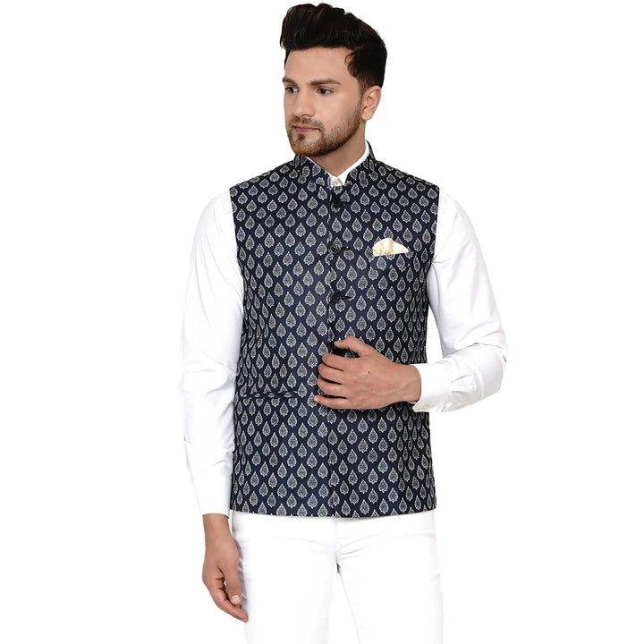 Navy Blue Cotton Nehru Jacket for Men | Printed Festive Ethnic Wear
