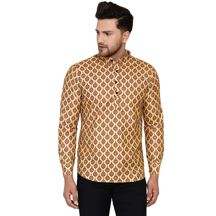 Stylish Men’s Short Kurta in Peach | Cotton with Printed Finish