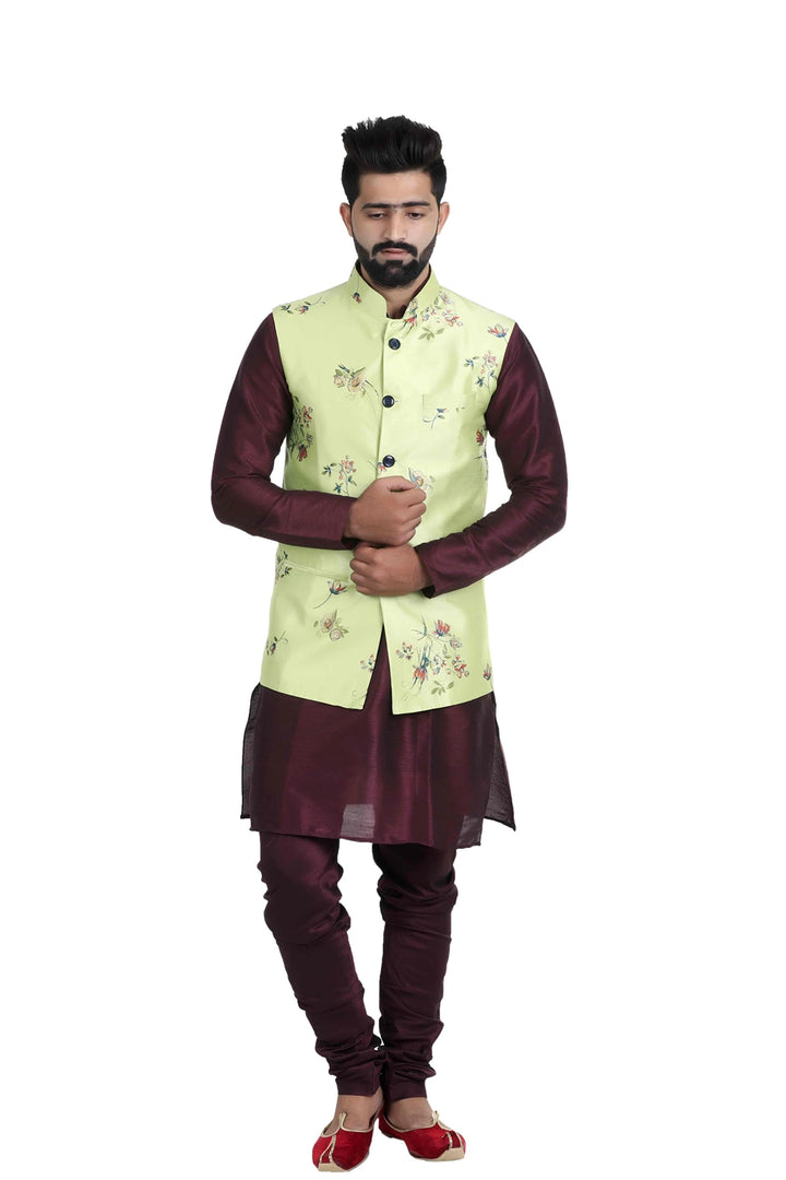 Stylish Printed Nehru Jacket for Men | Light Green Silk Satin