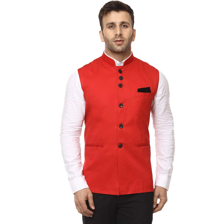 Red Cotton Blend Nehru Jacket | Elegant Look for Special Occasions