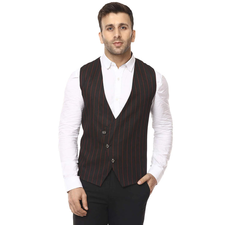 Black Striped Waist Coat | Round Neck Cotton Poly for Men