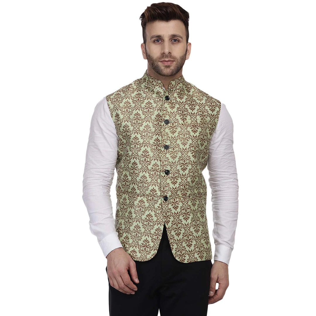Elegant Pista Green Nehru Jacket | Jacquard Printed Art Silk