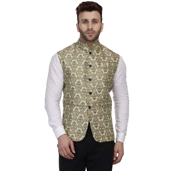 Elegant Pista Green Nehru Jacket | Jacquard Printed Art Silk