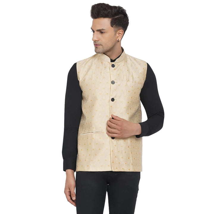 Beige Jacquard Nehru Jacket for Men | Designer Wedding Wear
