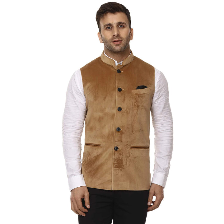 Velvet Solid Beige Nehru Jacket | Traditional Men's Festive Wear