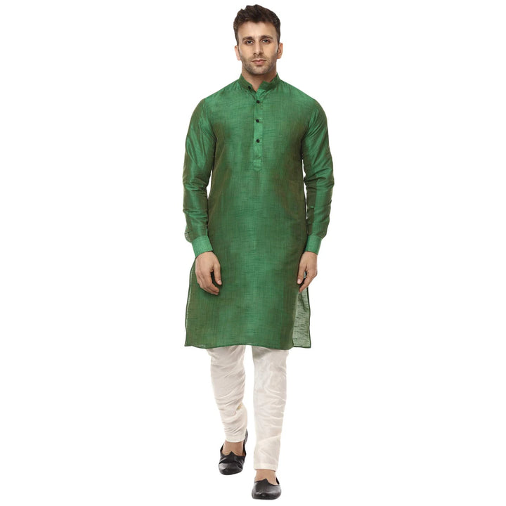 Green Ethnic Kurta Set for Men | Classic Plain Raw Silk Look