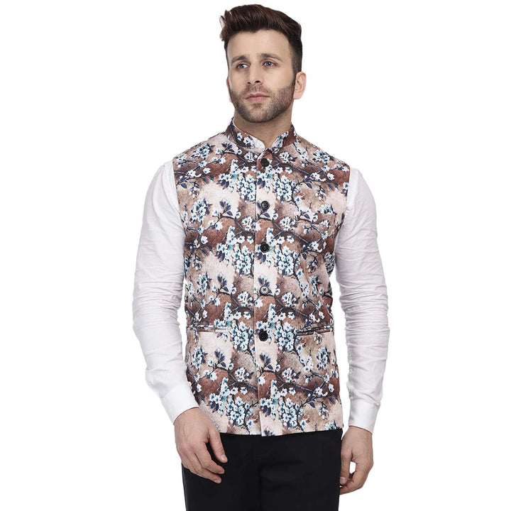 Pure Cotton Beige Nehru Jacket | Elegant Printed Jacket for Celebrations