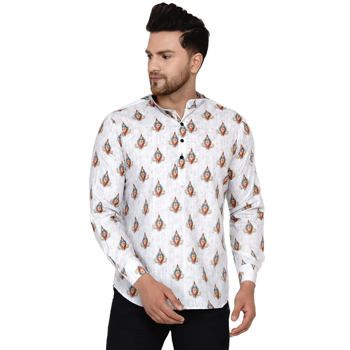 Summer Cotton Short Kurta for Men | White Printed Charm