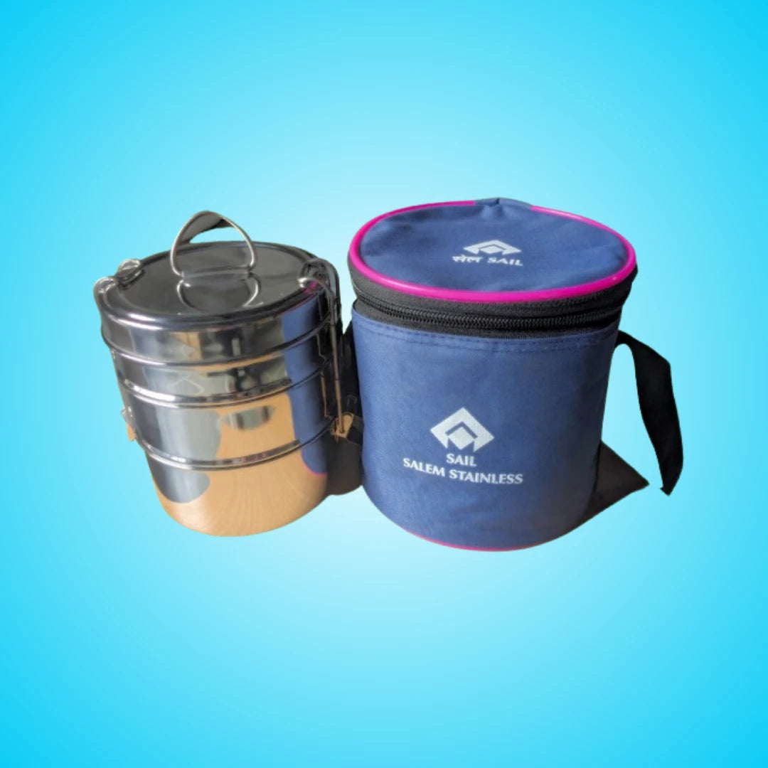 Compact 3 Layer Tiffin Box | Stainless Steel with Rexin Pouch
