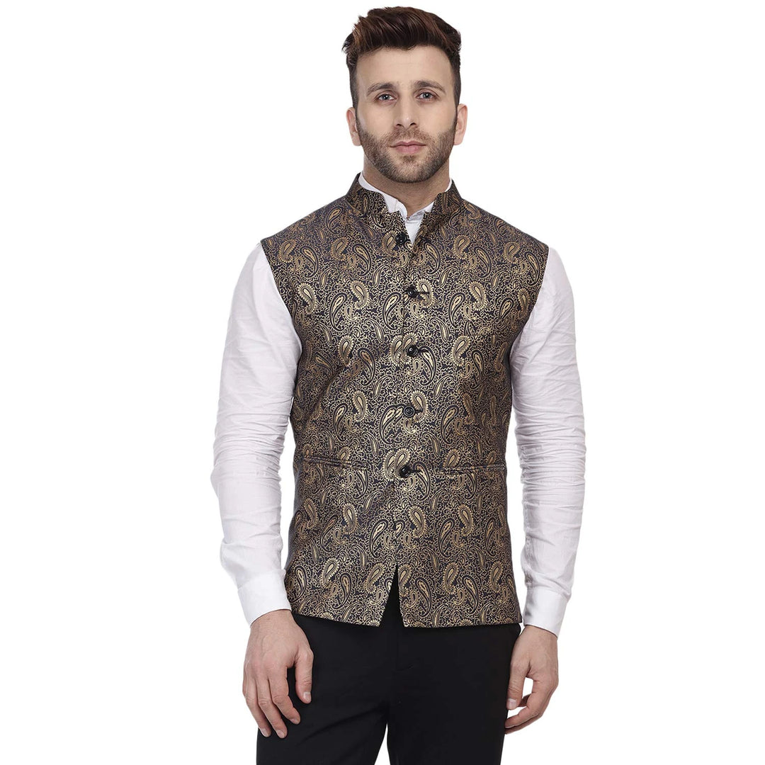 Party Wear Nehru Jacket for Men | Black Banarasi Jacquard Design