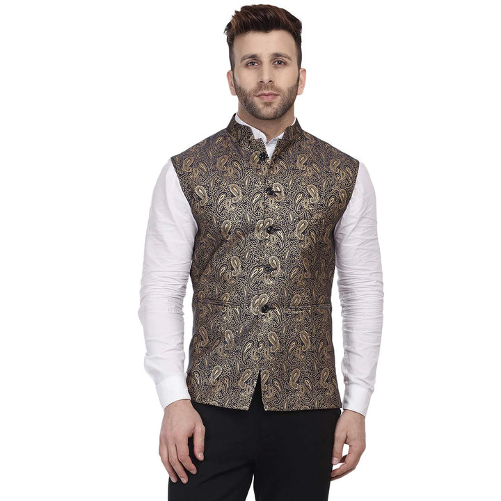 Party Wear Nehru Jacket for Men | Black Banarasi Jacquard Design