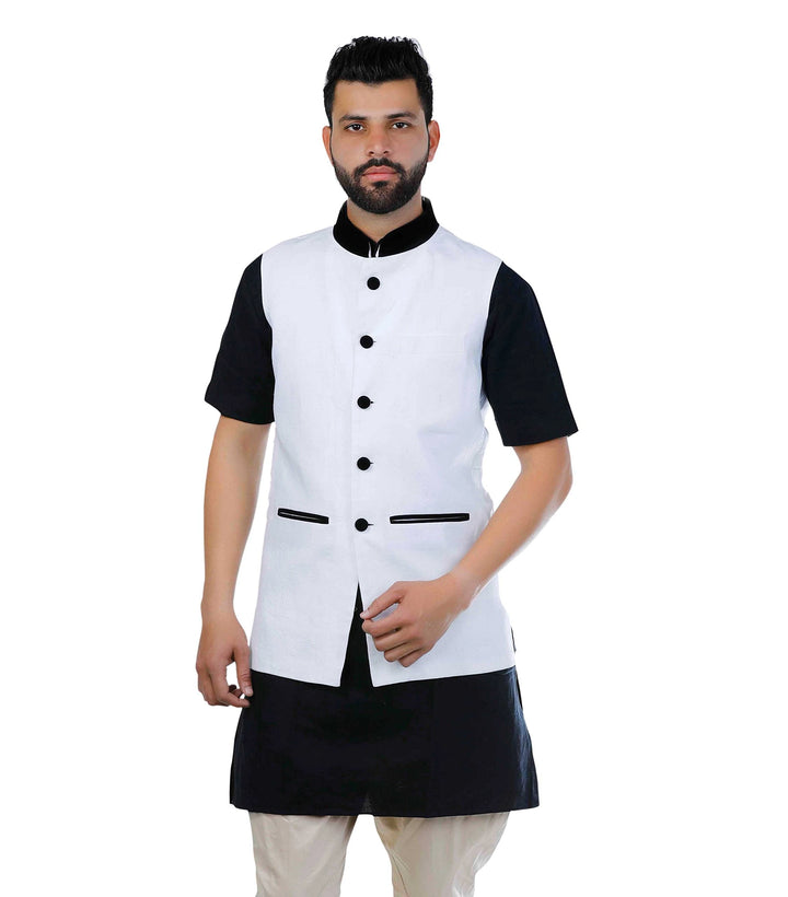 Versatile Nehru Jacket in White | Solid Cotton Festive Wear