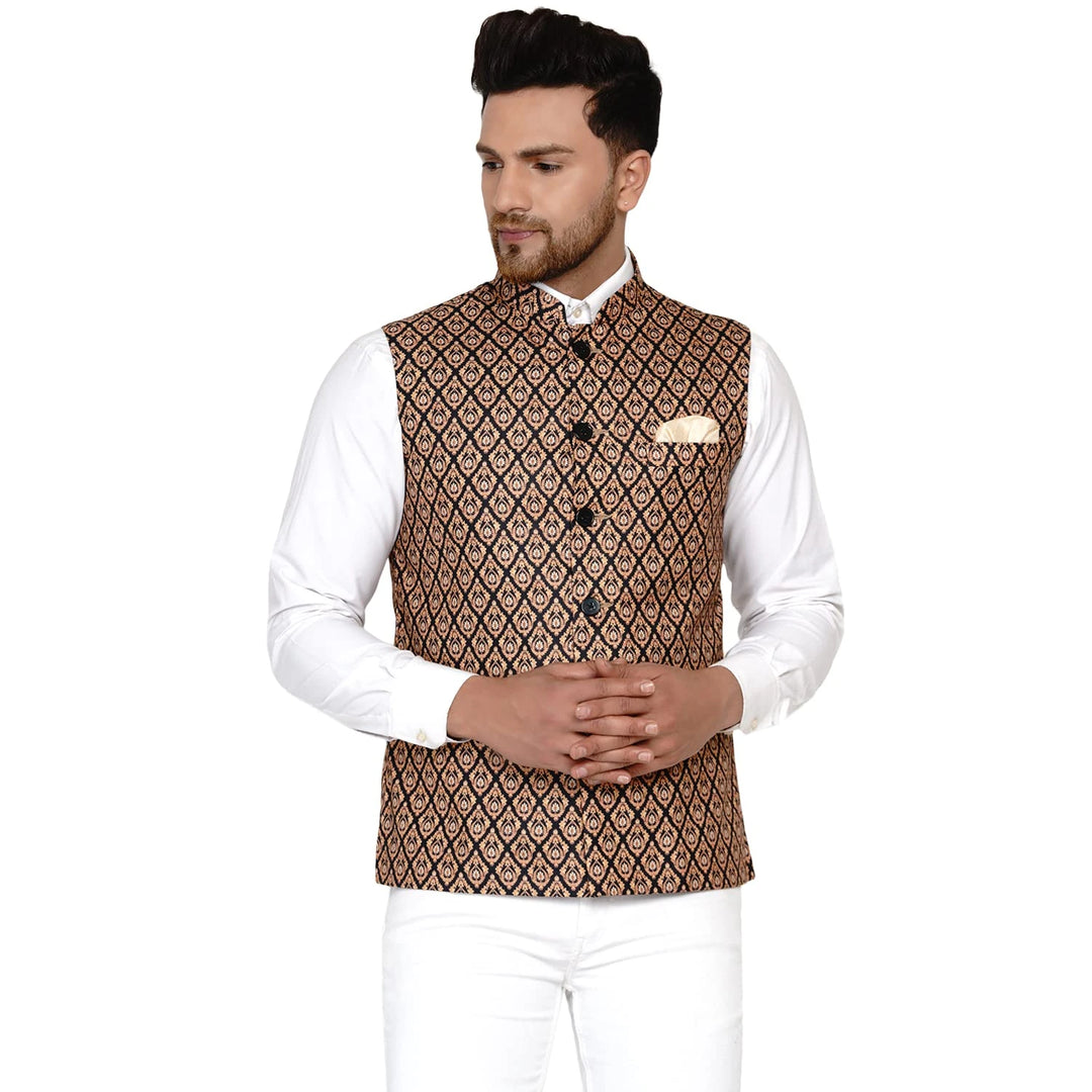Brown Printed Cotton Nehru Jacket | Classic Men’s Ethnic Wear