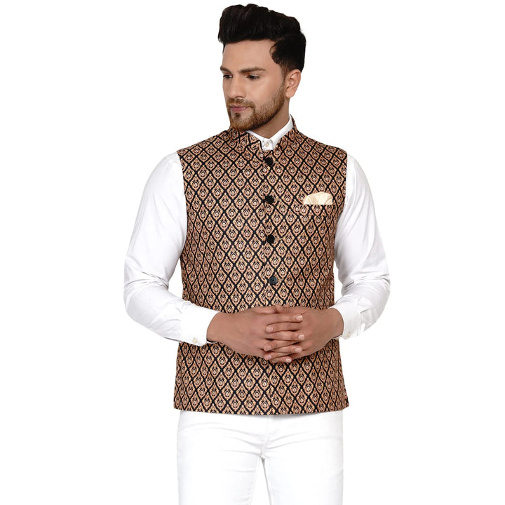 Brown Printed Cotton Nehru Jacket | Classic Men’s Ethnic Wear