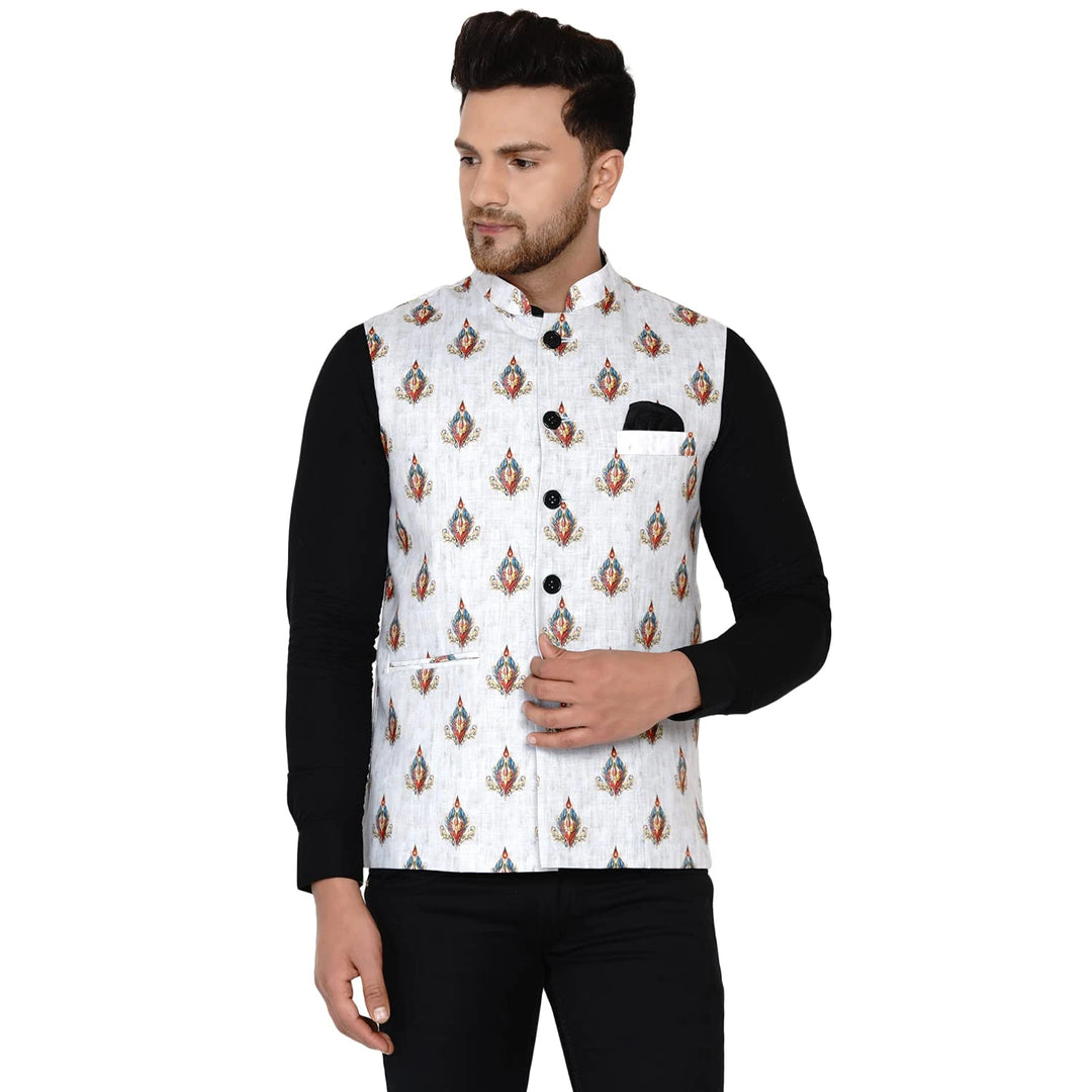 White Cotton Printed Nehru Jacket for Men | Elegant Festive Wear