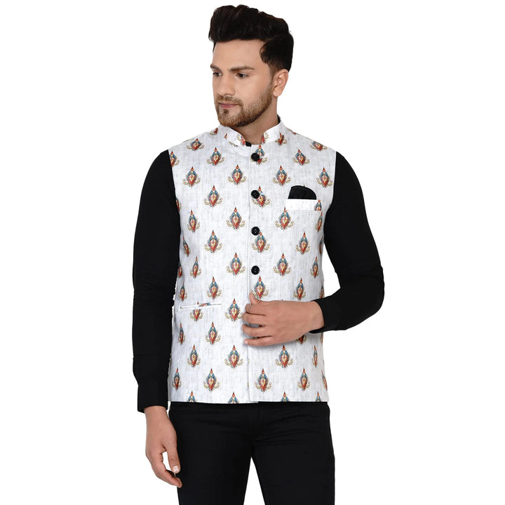 White Cotton Printed Nehru Jacket for Men | Elegant Festive Wear