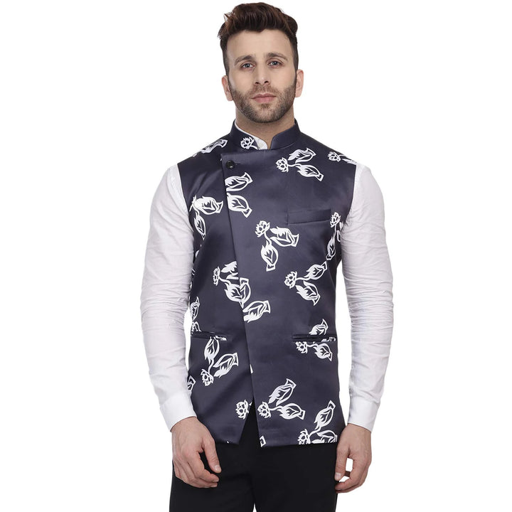 Majestic Navy Print Jacket | Ethnic Nehru Fit in Silk Blend Shine