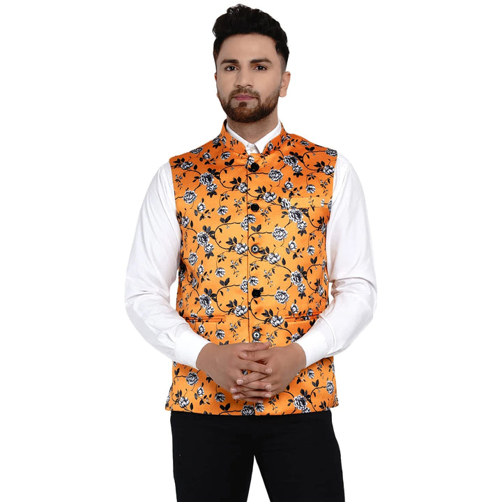 Trendy Satin Nehru Jacket | Yellow  Silk Blend with Print Design