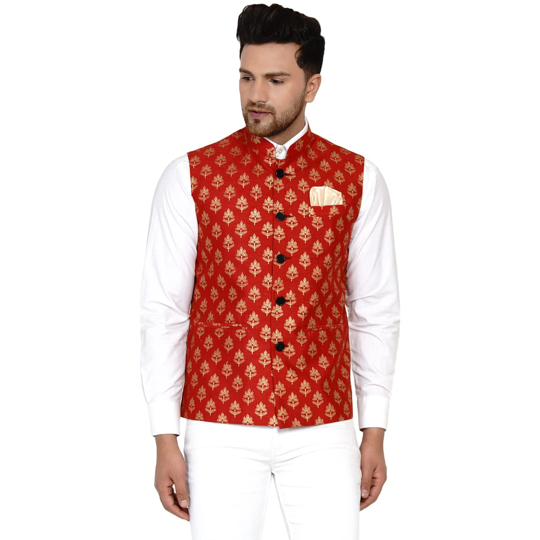 Royal Banarasi Nehru Jacket for Men | Art Silk Printed Elegance