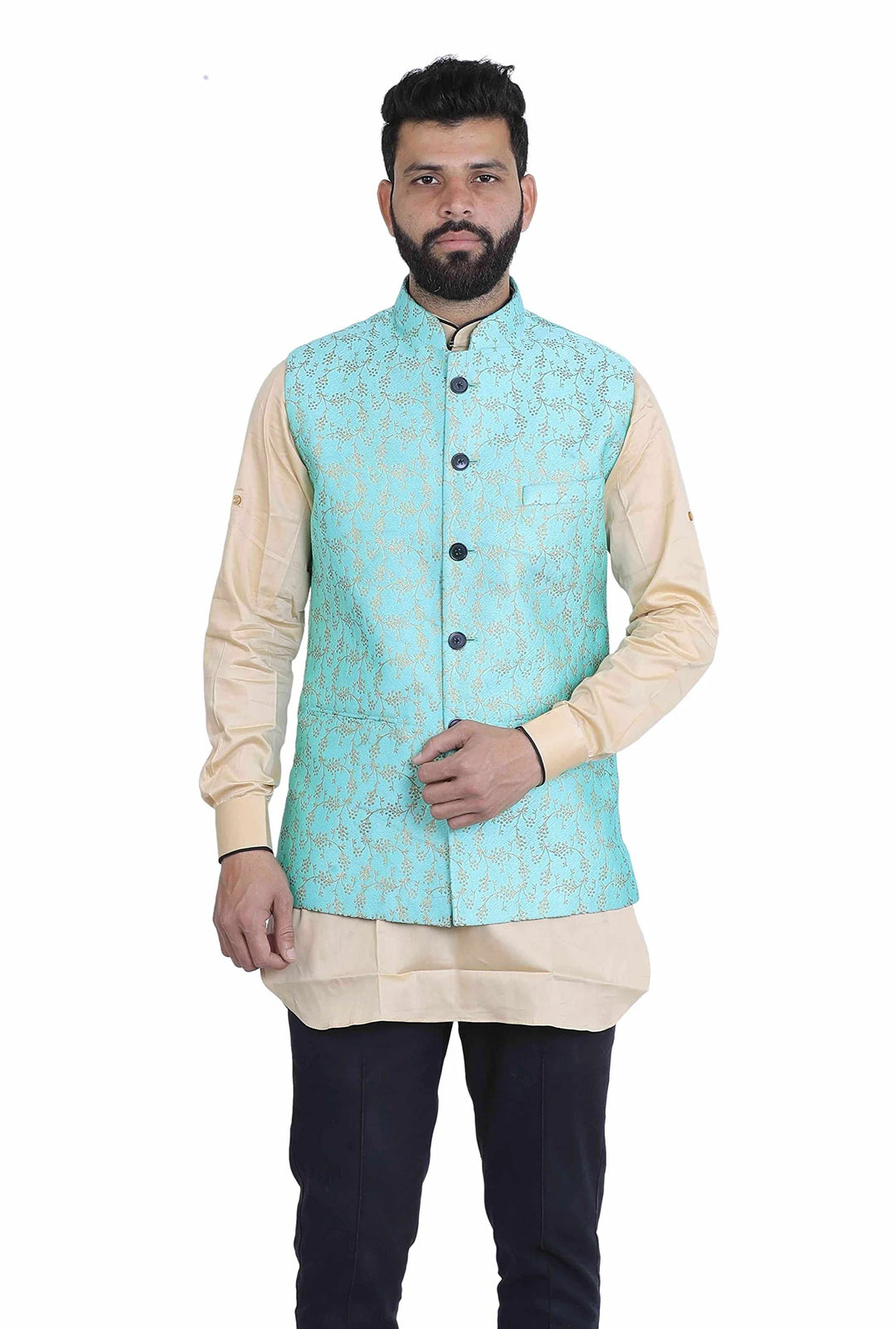 Regal Sky-Blue Nehru Jacket | Printed Silk for Royal Vibes