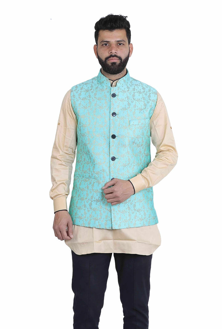 Regal Sky-Blue Nehru Jacket | Printed Silk for Royal Vibes