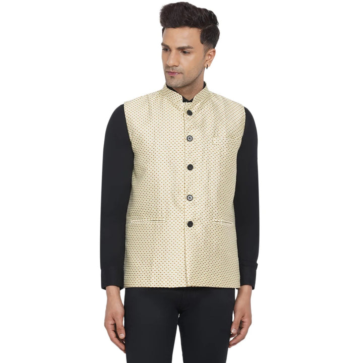 Beige Jacquard Nehru Jacket for Men | Stylish Ethnic Jacket