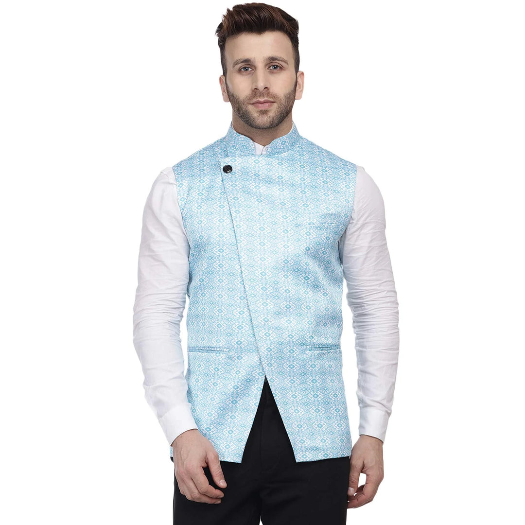Elegant Sky Blue Silk Blend Jacket | Traditional Party Look