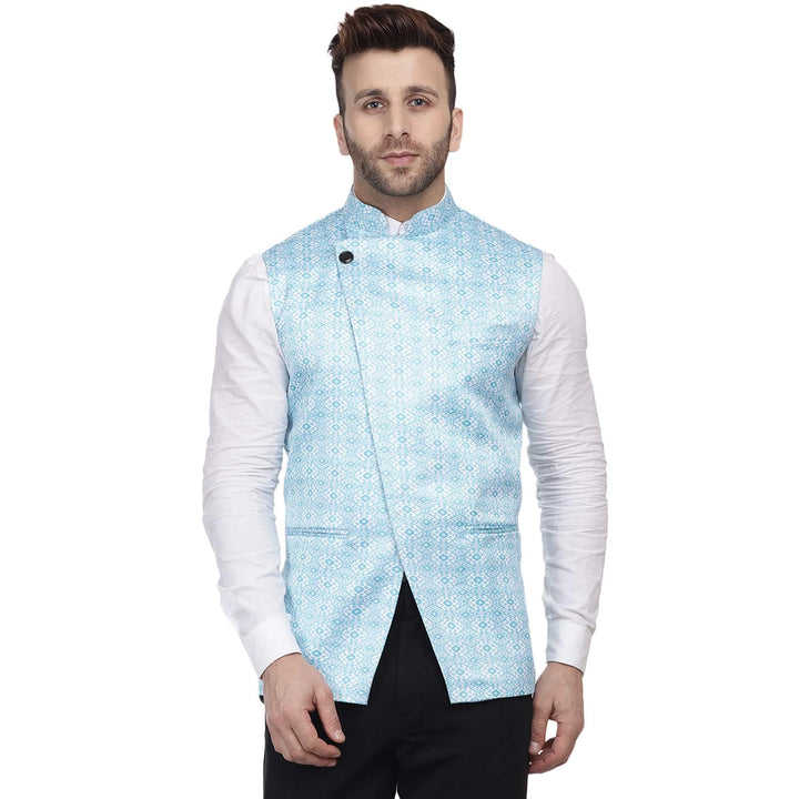 Elegant Sky Blue Silk Blend Jacket | Traditional Party Look