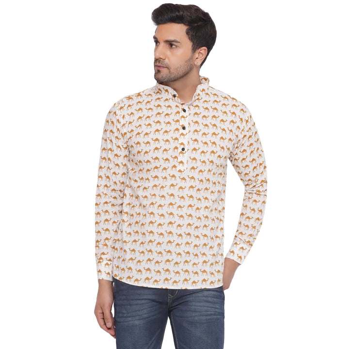 Trendy Cotton Kurta for Men | Sanganeri Camel Printed Classic
