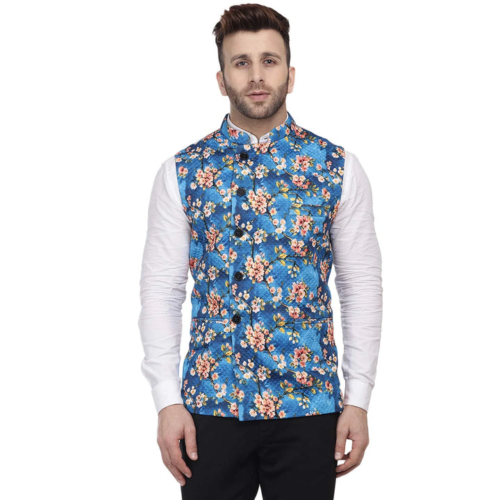 Vibrant Cotton Layers | Blue Knitted Nehru Jacket for Celebrations