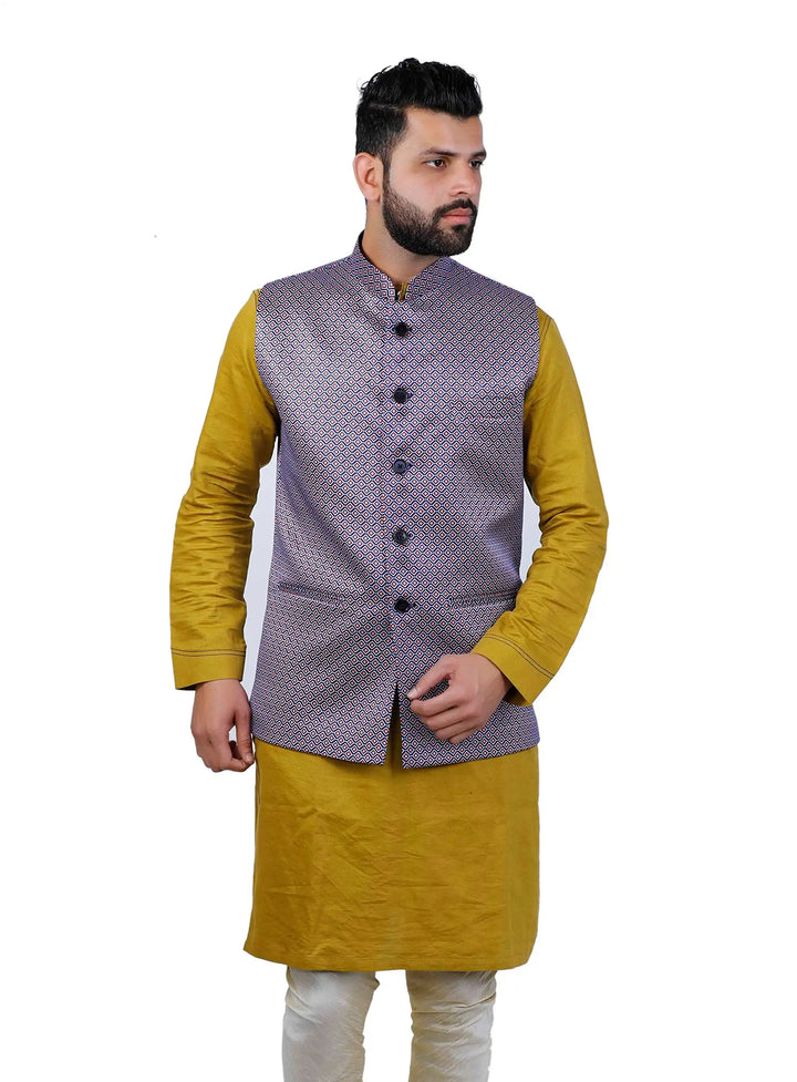Purple Printed Nehru Jacket | Classy Art Silk Festive Look