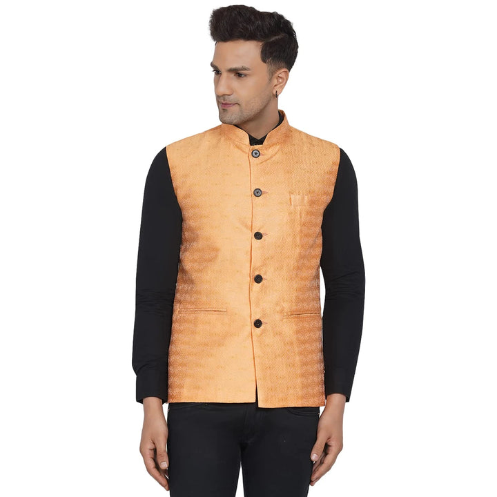 Peach Nehru Jacket for Men | Printed Jacquard Designer Jacket