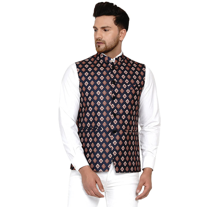 Elegant Printed Cotton Jacket | Brown Ethnic Nehru Style