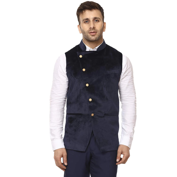 Luxurious Velvet Ethnic Jacket | Navy Blue Festive Look