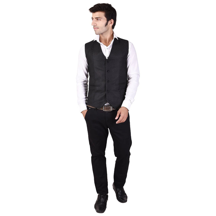 Men’s Black Cotton Printed Nehru Jacket | Chinese Collar Waistcoat Style