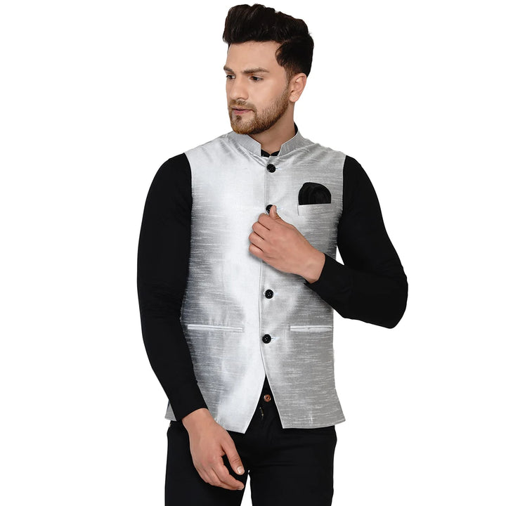 Classy Banarasi Jacket for Men | Solid Silk Blend Nehru Style