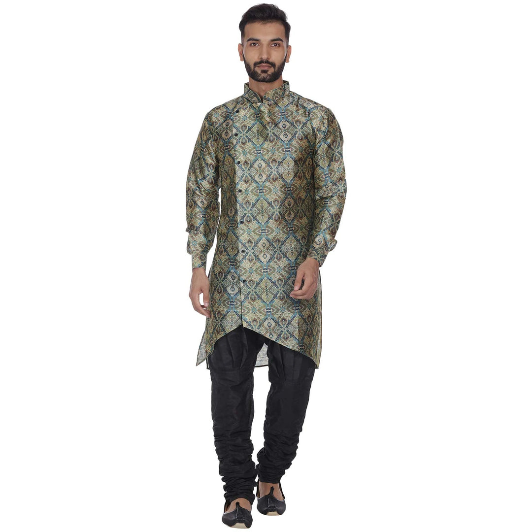 Teal Green Zing Zag Silk Kurta Set for Men | Ethnic Party Wear