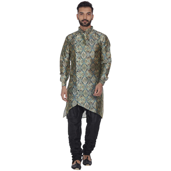Teal Green Zing Zag Silk Kurta Set for Men | Ethnic Party Wear
