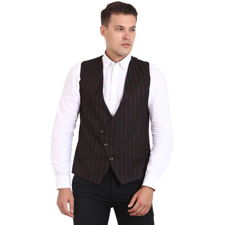 Men’s Black Striped Cotton Waist Coat | Smart Fit with Pockets