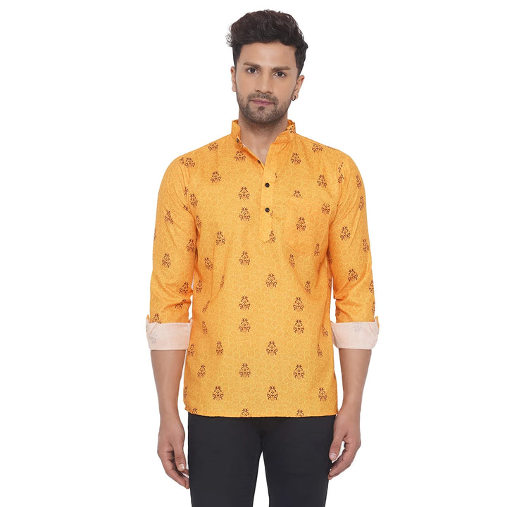 Vibrant Yellow Cotton Kurta for Men | Printed Ethnic Short Wear