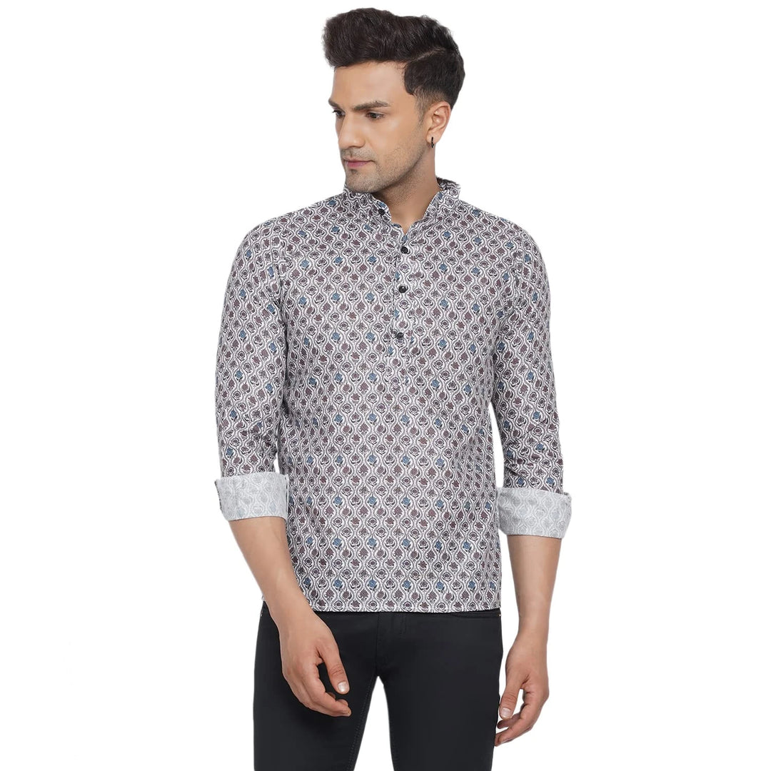 Trendy Light Gray Short Kurta | Cotton Printed for Men
