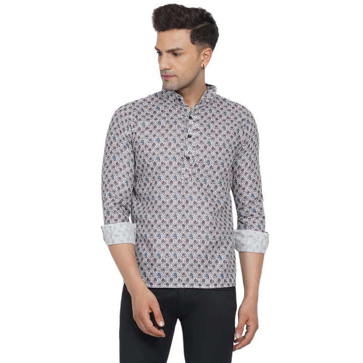 Trendy Light Gray Short Kurta | Cotton Printed for Men
