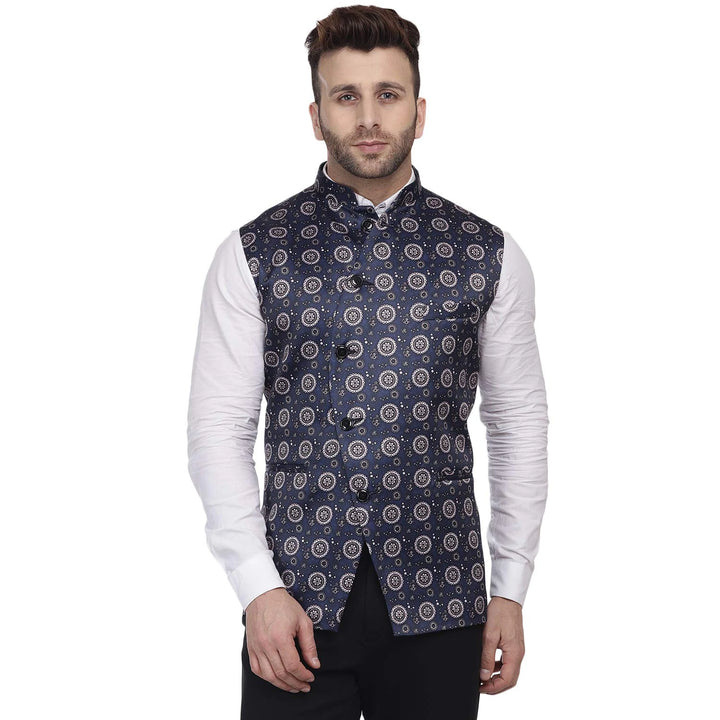 Dark Blue Nehru Jacket | Printed Silk Blend Ethnic Look